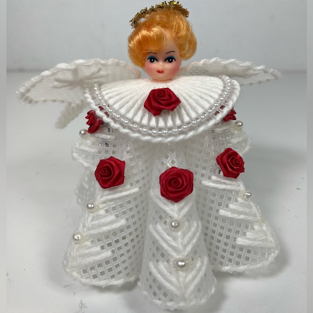 Kitschy Handmade Vintage Angel Christmas‎ Tree Topper Plastic Canvas Roses Pearl